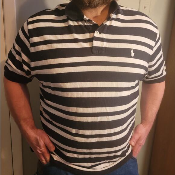 VINTAGE 1990s Polo Ralph Lauren Mens Black & White Striped Logo Shirt Size XXL - Picture 2 of 10